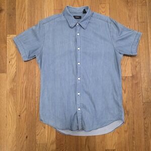 Theory Mens Short Sleeve Everyday Casual Button Up Shirt Light Denim Size Small